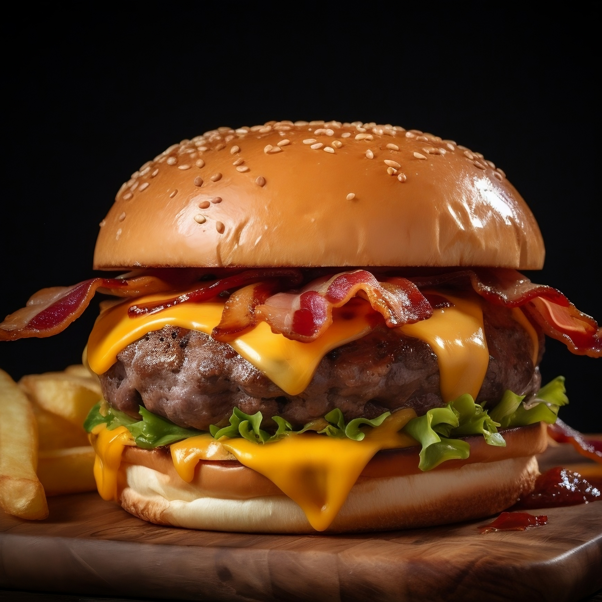 Close up of heavily garnished beef burger