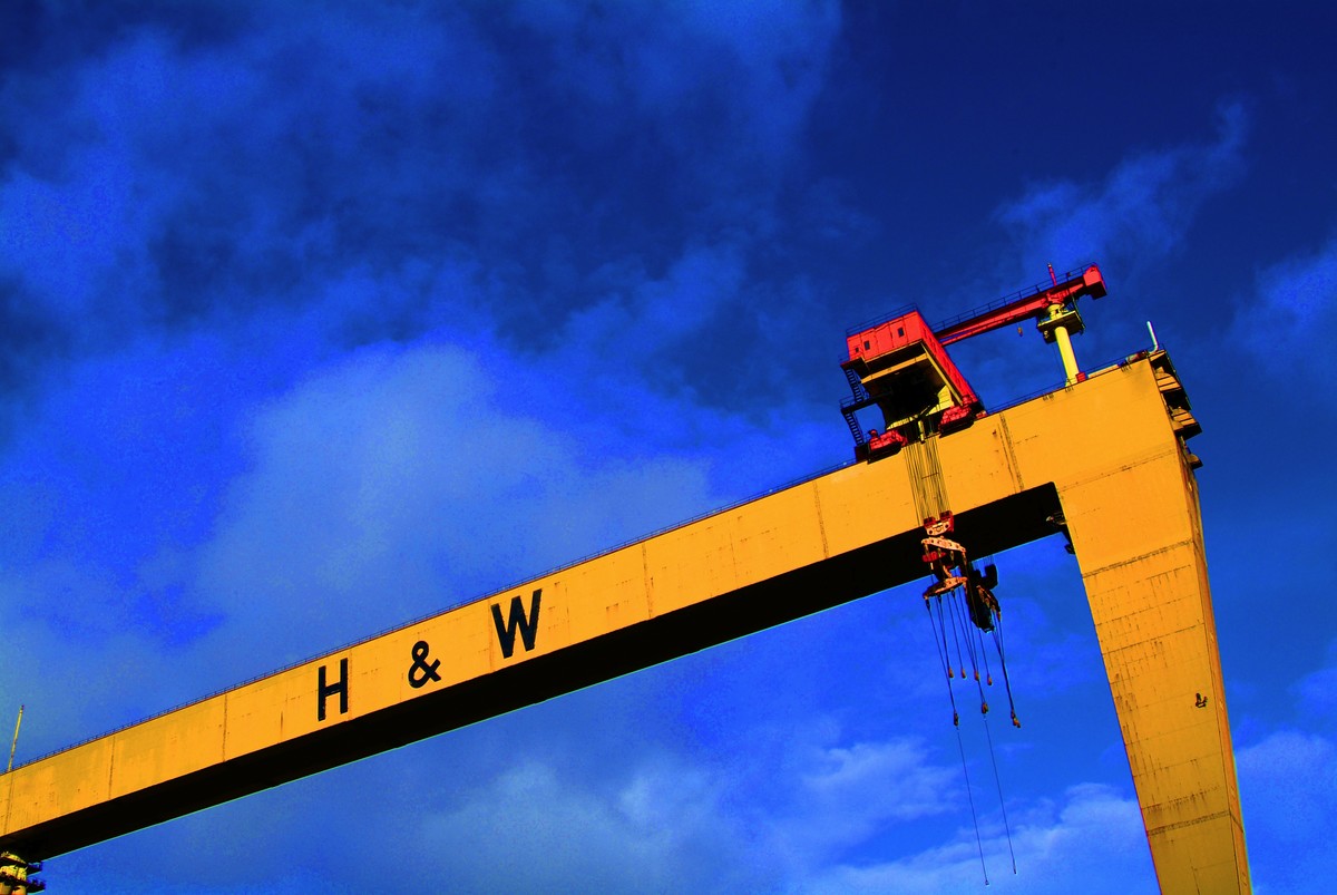 Huge yellow crane with the letters H & W in black