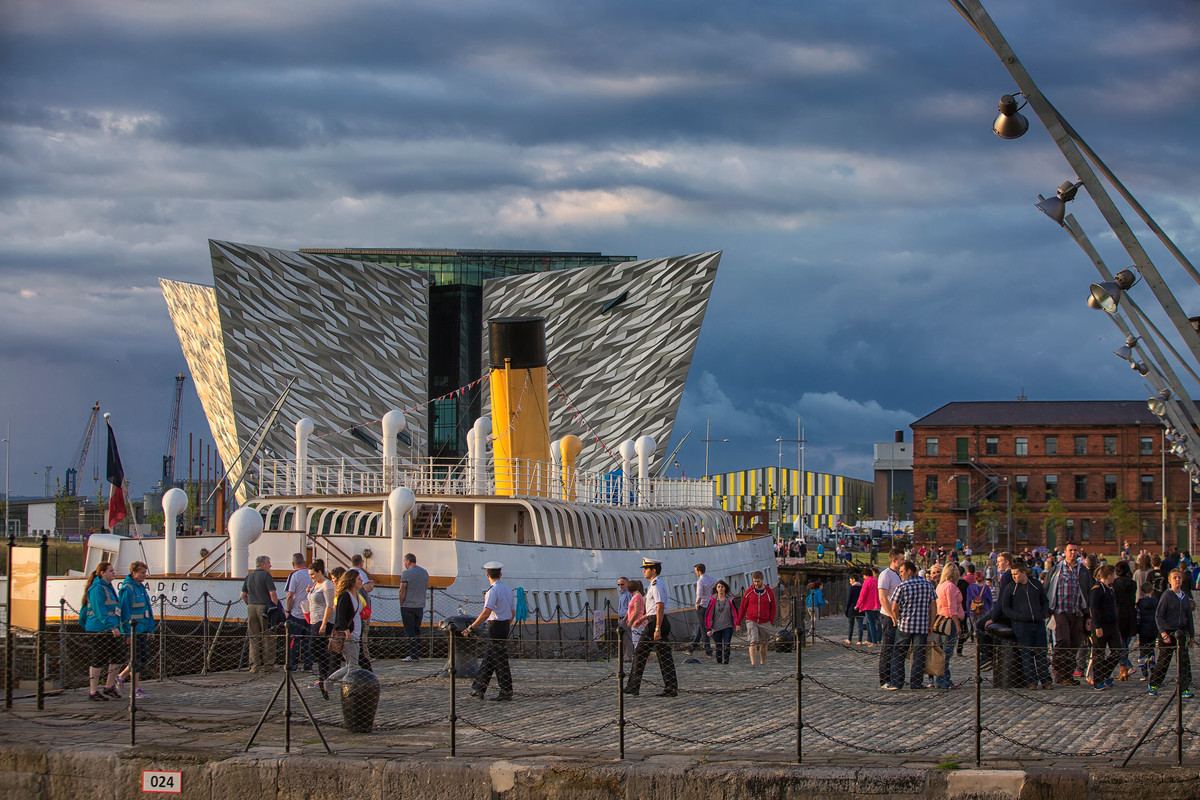 Titanic exhibition centre with SS Nomadic in foreground